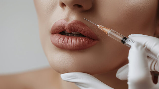 cosmetologist performing lip flip botox injection on patient lips